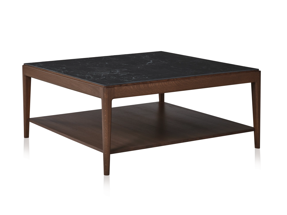 Square coffee table in oak and ceramic with shelf in dark brown stained wood, plain black ceramic top 100x100 cm Square coffee table in oak and ceramic with shelf in dark brown stained wood, plain black ceramic top 100x100 cm
