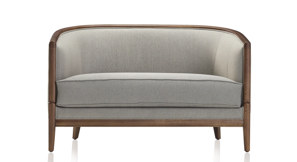 Canapé ancien 2 places bois teinte noyer et tissu gris clair Canapé ancien 2 places bois teinte noyer et tissu gris clair