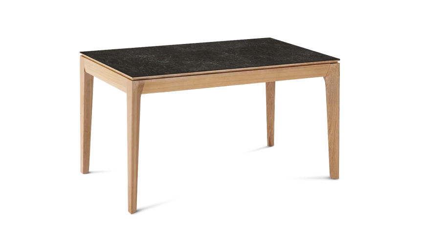 Table extensible en chêne et céramique 6 à 10 personnes allonges céramique avec bois teinte naturelle et plateau et allonges céramique effet ardoise 140x90 cm