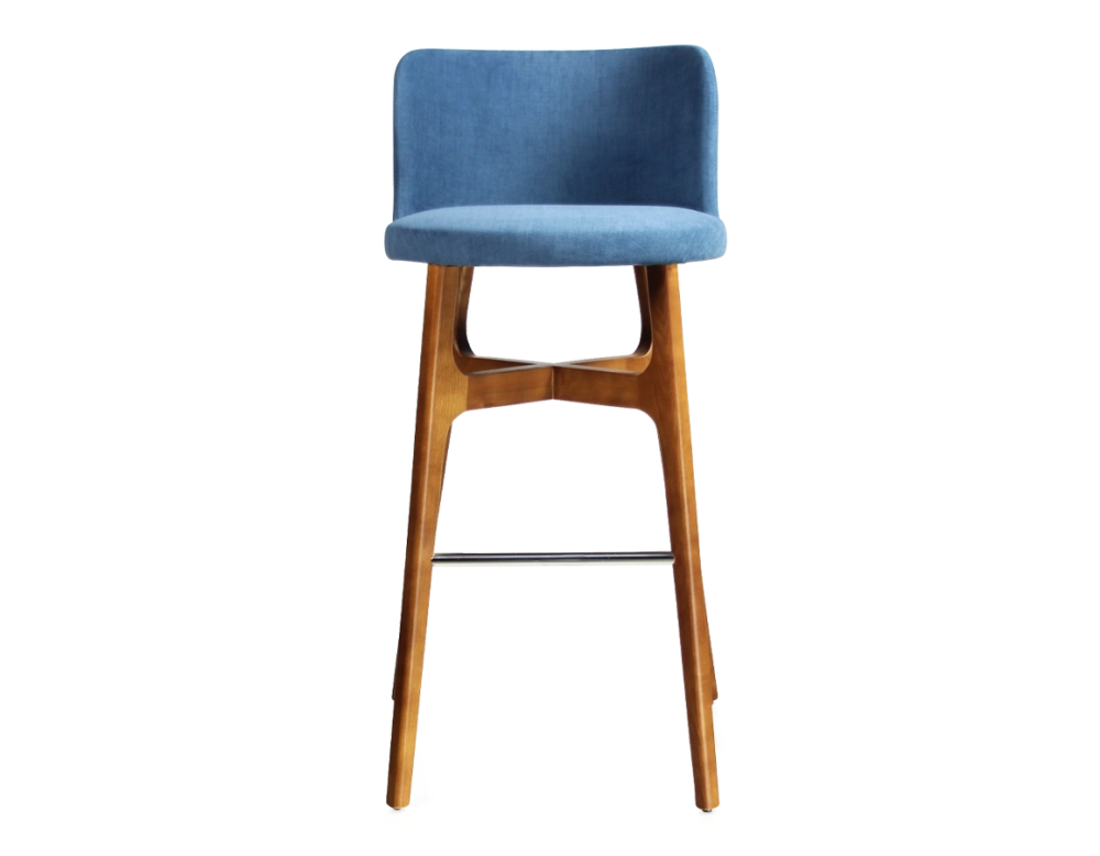 Tabouret de bar h80 cm bois teinte merisier assise tissu bleu jeans Tabouret de bar h80 cm bois teinte merisier assise tissu bleu jeans