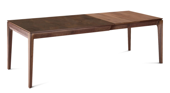 Table extensible 8 à 14 personnes en noyer et céramique allonges bois avec bois teinte naturelle et plateau céramique brun oxydé 210x100 cm