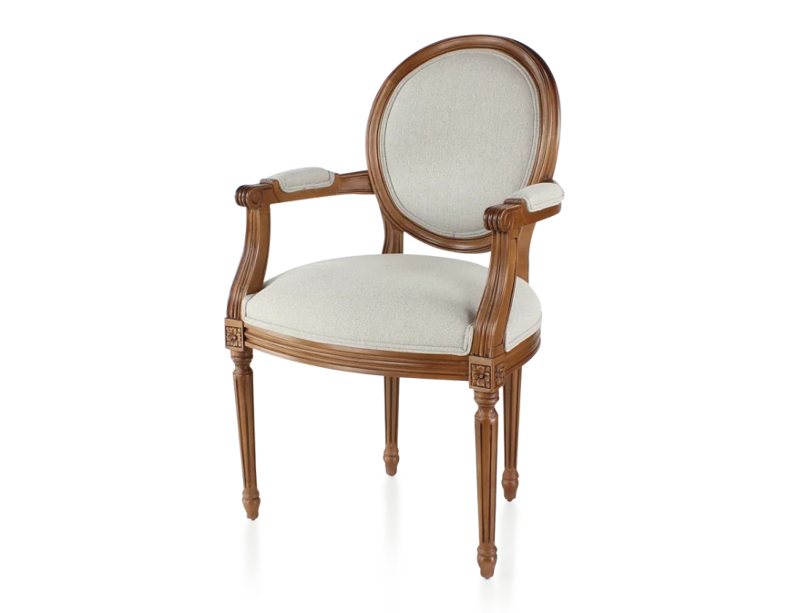Chaise ancienne style Louis XVI avec accoudoirs bois teinte ancienne et tissu beige naturel
