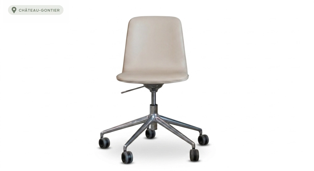 Office chair with 5 branches dossier bois teinte naturelle assise cuir beige