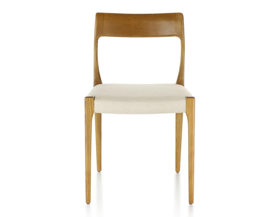 Scandinavian chair cherry-stained wood, beige chevron fabric seat