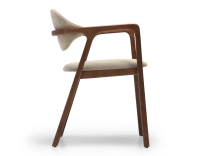Designer armchair dark brown stained wood and taupe fabric. Designer armchair dark brown stained wood and taupe fabric.