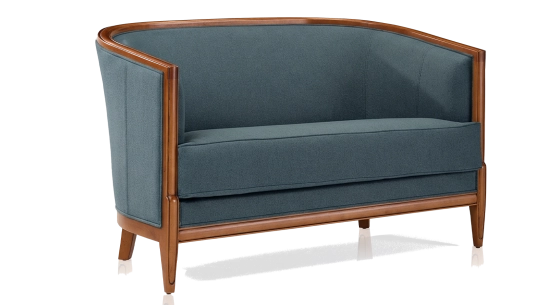 Canapé ancien 2 places accoudoirs moulurés bois teinte ancienne et tissu bleu océan