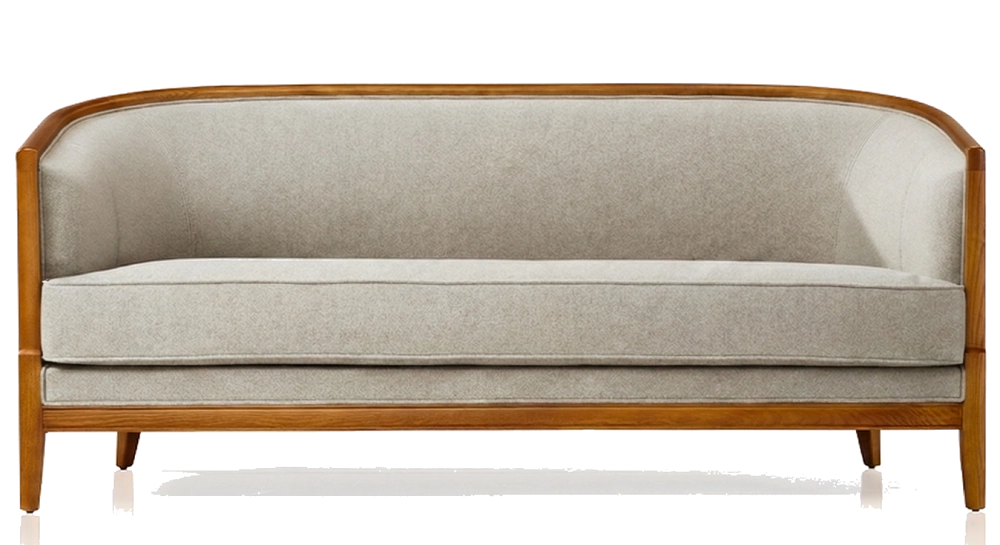 Canapé ancien 3 places bois teinte merisier et tissu beige naturel