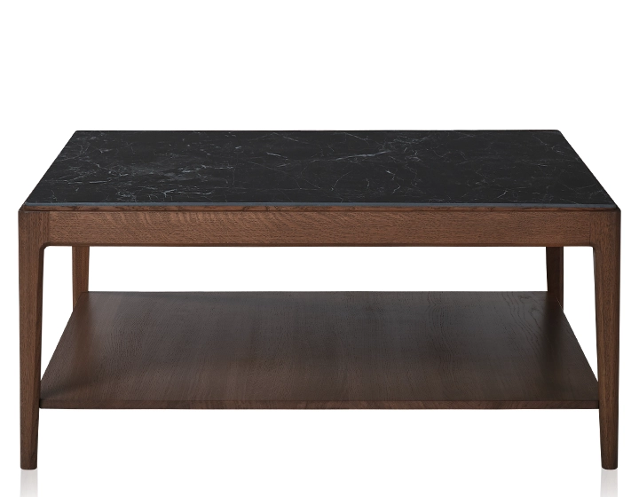 Table basse carrée en chêne et céramique avec tablette en bois teinte marron foncé plateau céramique effet ardoise 100x100 cm Table basse carrée en chêne et céramique avec tablette en bois teinte marron foncé plateau céramique effet ardoise 100x100 cm