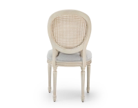 Louis XVI style antique chair wood with white cerused finish, caned backrest, light gray fabric seat. Louis XVI style antique chair wood with white cerused finish, caned backrest, light gray fabric seat.