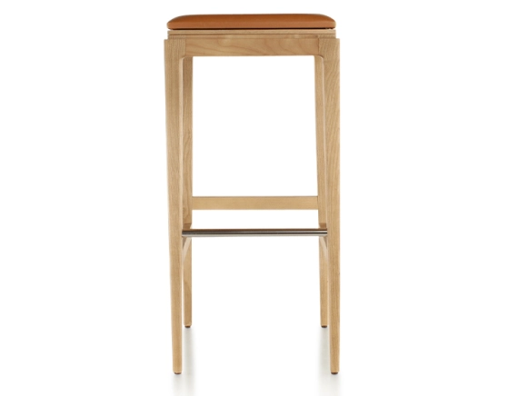 Tabouret de bar design H80 cm bois teinte naturelle assise cuir caramel