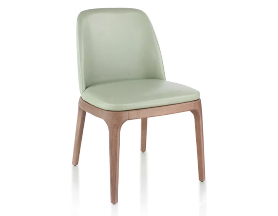 Chaise design bois teinte noyer et cuir cuir vert sauge