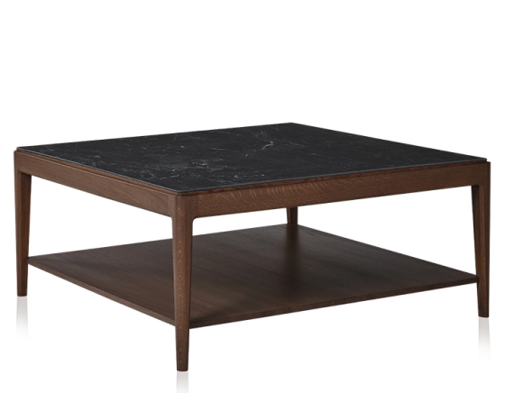 Square coffee table in oak and ceramic with shelf in dark brown stained wood, ceramic top with slate effect 100x100 cm