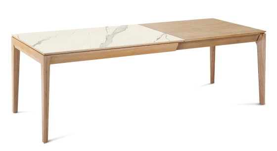 Table extensible 6 à 10 personnes en chêne et céramique allonges bois avec bois teinte naturelle et plateau céramique effet marbre blanc 140x90 cm