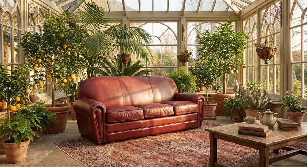 Canapé club cuir 3 places rouge carmin accoudoirs cloutés