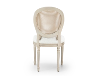 Chaise ancienne style Louis XVI bois teinte blanche cérusée dossier canné assise tissu bouclé blanc Chaise ancienne style Louis XVI bois teinte blanche cérusée dossier canné assise tissu bouclé blanc