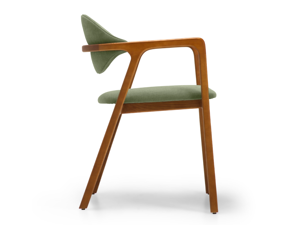 Designer armchair cherry wood stain and green fabric Designer armchair cherry wood stain and green fabric