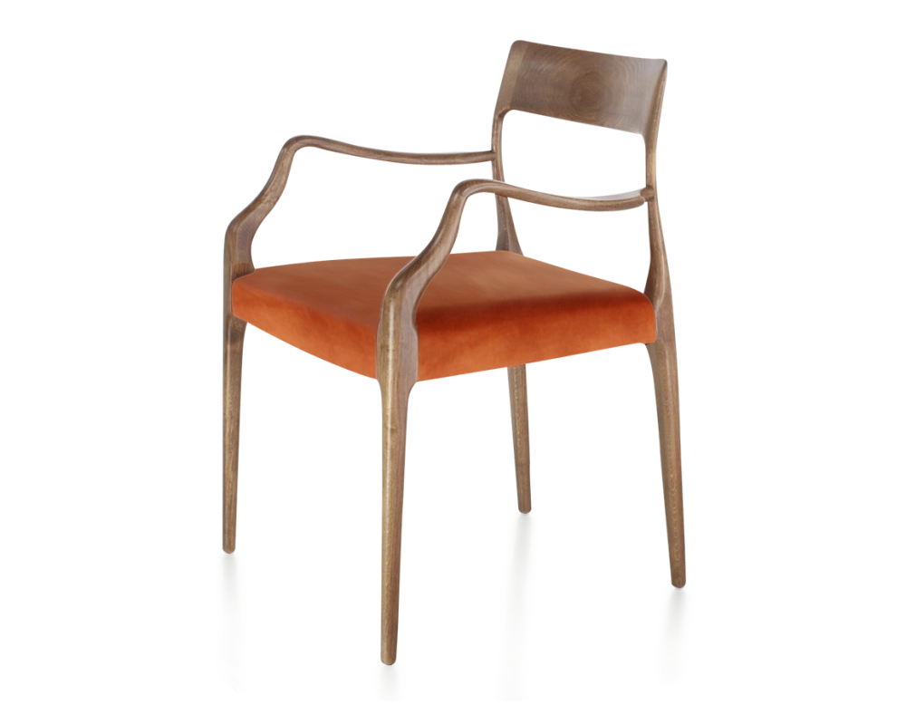 Scandinavian armchair with armrests walnut-stained wood, terracotta velvet seat Scandinavian armchair with armrests walnut-stained wood, terracotta velvet seat
