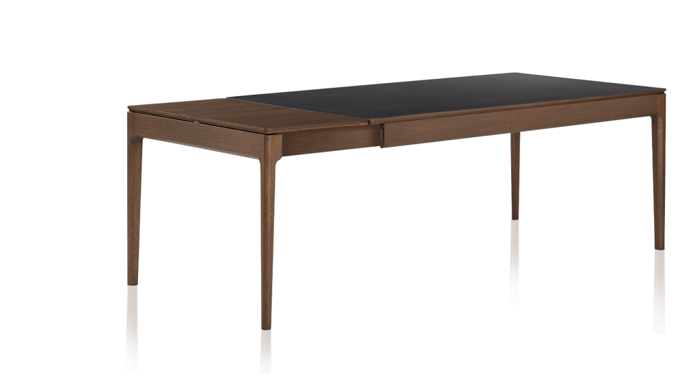 Table extensible 8 à 12 personnes en chêne et céramique allonges bois avec bois teinte marron foncé et plateau céramique noir unie 180x100 cm Table extensible 8 à 12 personnes en chêne et céramique allonges bois avec bois teinte marron foncé et plateau céramique noir unie 180x100 cm