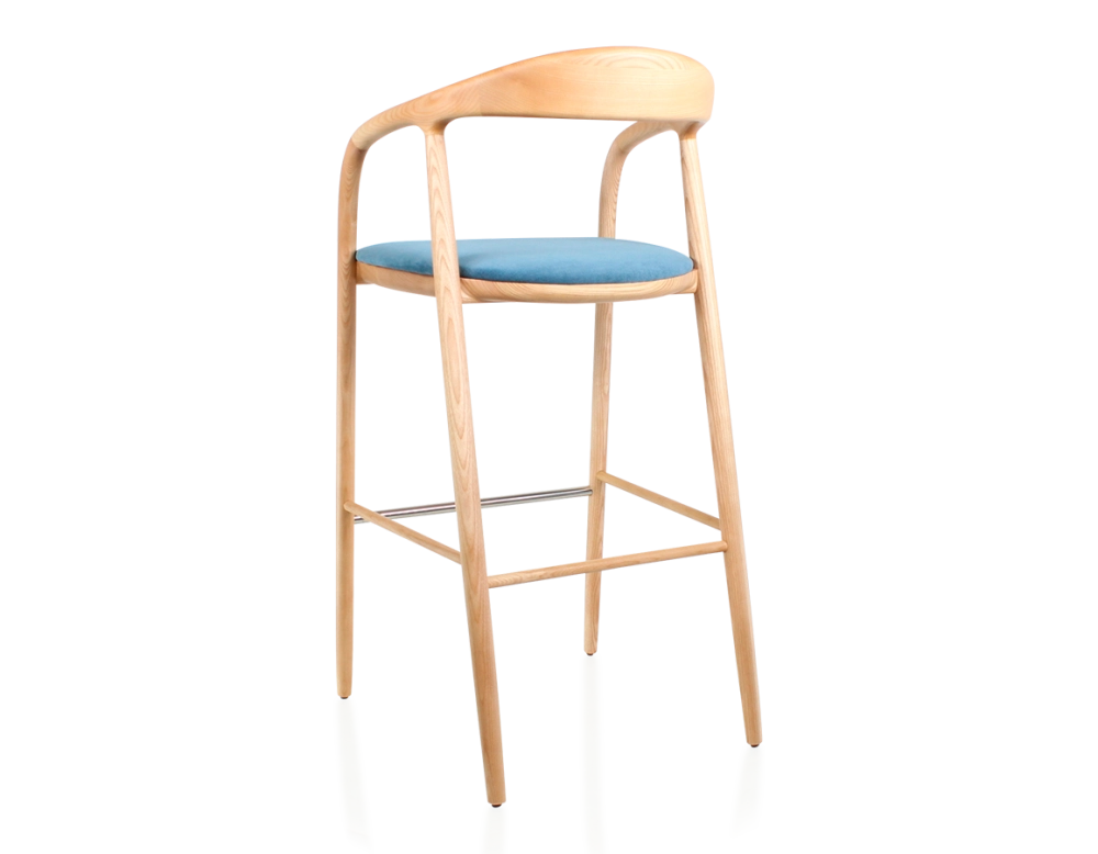 Bar stool h80 cm natural tint blue jean fabric seat natural wood stain and denim fabric Bar stool h80 cm natural tint blue jean fabric seat natural wood stain and denim fabric