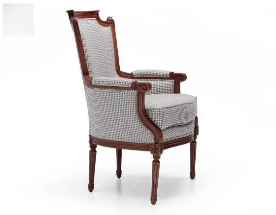 Fauteuil bergère style Louis XVI bois teinte ancienne et tissu pied de poule blanc et taupe