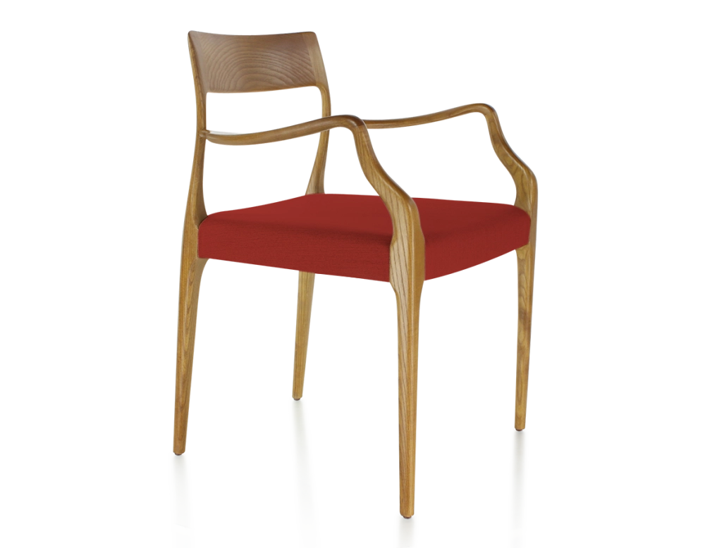 Scandinavian armchair with armrests cherry wood stain burgundy fabric seat Scandinavian armchair with armrests cherry wood stain burgundy fabric seat