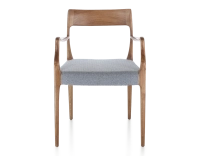 Chaise scandinave avec accoudoirs bois teinte noyer assise tissu chevron bleu Chaise scandinave avec accoudoirs bois teinte noyer assise tissu chevron bleu
