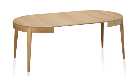Round extendable oak table for 6 to 12 people with natural wood-coloured top and extensions 120 cm