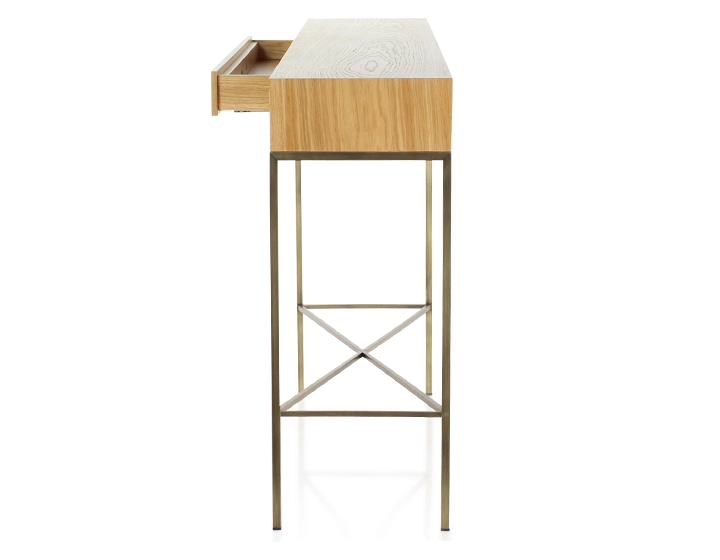 Console design frêne teinte naturelle et métal patine laiton Console design frêne teinte naturelle et métal patine laiton