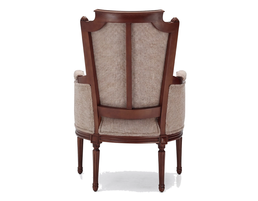 Sillón bergère estilo Luis XVI bois teinte ancienne et tissu chiné beige, gris et orange