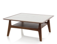 Table basse carré en noyer et céramique bois teinte naturelle plateau céramique effet marbre blanc 100x100 cm Table basse carré en noyer et céramique bois teinte naturelle plateau céramique effet marbre blanc 100x100 cm