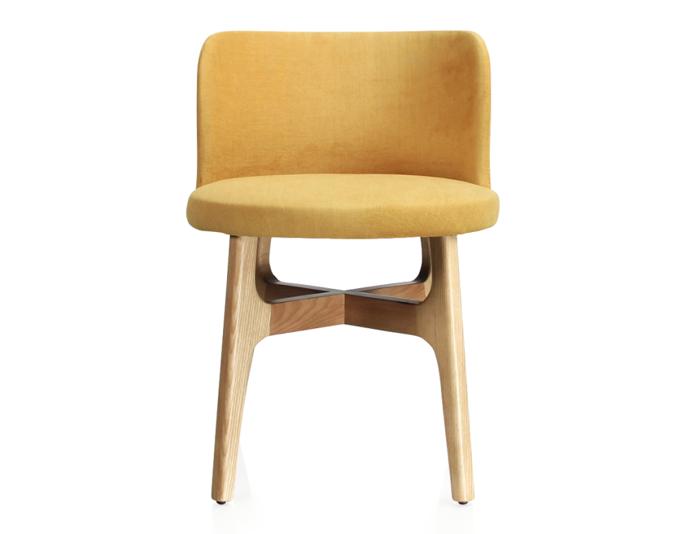 Chaise design bois teinte naturelle assise tissu jaune Chaise design bois teinte naturelle assise tissu jaune