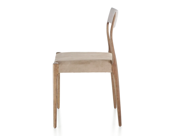 Scandinavian chair walnut-stained wood, light taupe velvet seat