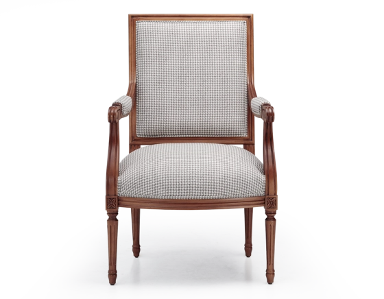 Louis XVI style antique armchair wood antique stain and brown fabric
