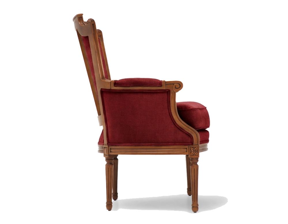 Fauteuil bergère style Louis XVI bois teinte ancienne et tissu bordeaux