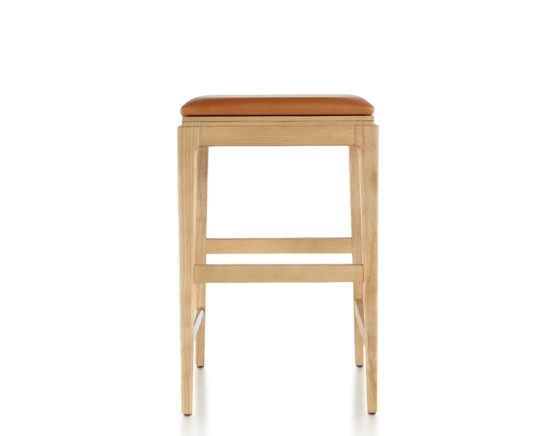 H60 cm designer bar stool natural tint wood, caramel leather seat