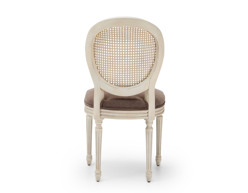 Louis XVI style antique chair white cerused wood with cane backrest and taupe fabric seat. Louis XVI style antique chair white cerused wood with cane backrest and taupe fabric seat.