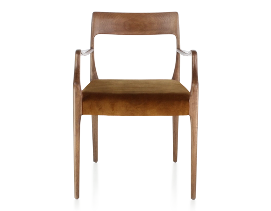 Scandinavian armchair with armrests wood stained walnut seat bronze velvet fabric
