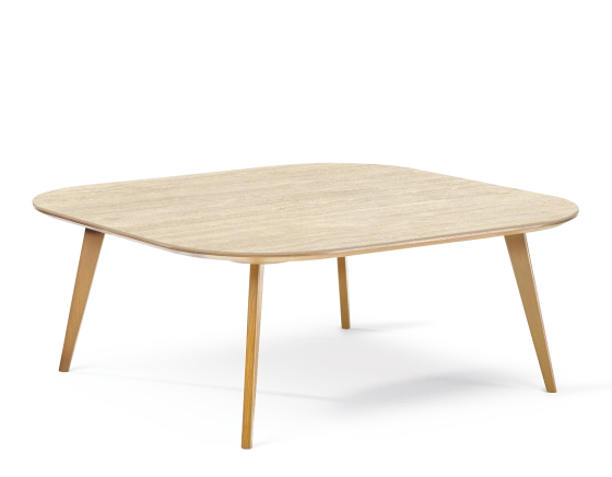Table basse carré aux angles arrondis F2 en chêne et céramique bois teinte naturelle plateau céramique effet pierre travertin 120x120x30 cm