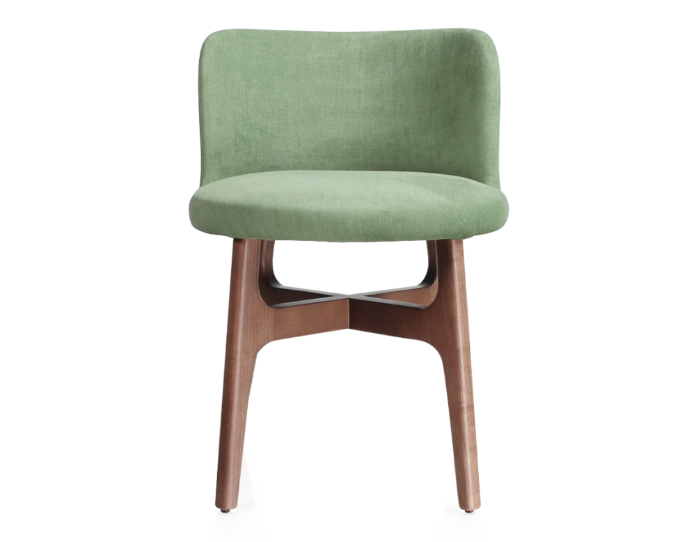 Chaise design bois teinte noyer assise tissu vert Chaise design bois teinte noyer assise tissu vert