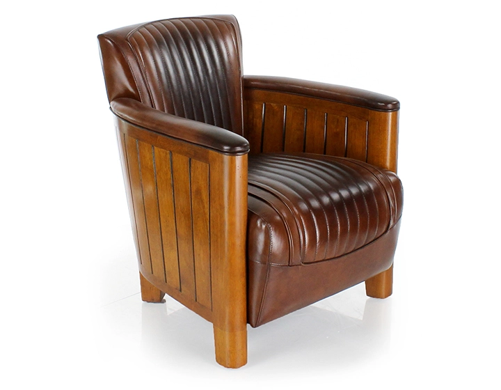 Fauteuil club bois et cuir marron vintage Fauteuil club bois et cuir marron vintage