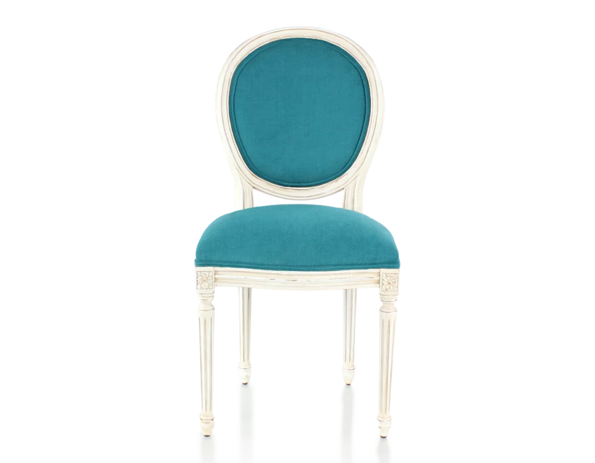 Chaise ancienne style Louis XVI bois teinte blanche cérusée et tissu bleu turquoise