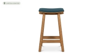 Design bar stool H65 cm natural wood finish with blue fabric seat