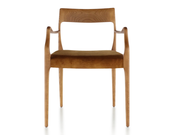 Chaise scandinave avec accoudoirs bois teinte merisier assise tissu velours bronze