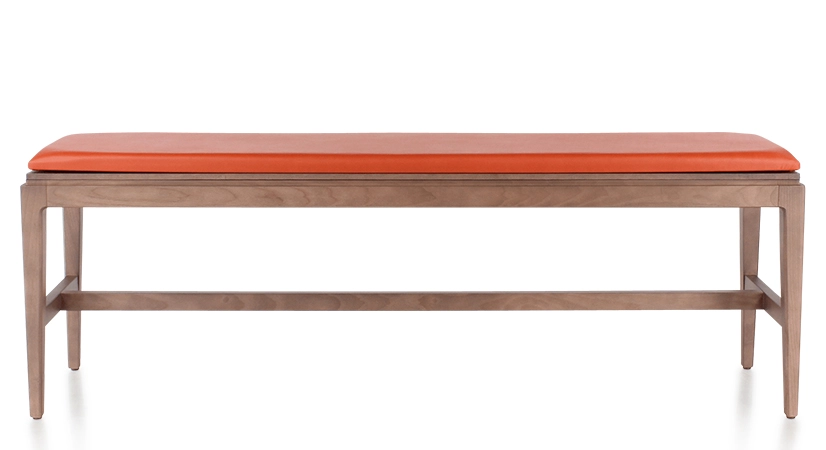 Banc design bois teinte noyer assise cuir coquelicot L140 cm Banc design bois teinte noyer assise cuir coquelicot L140 cm