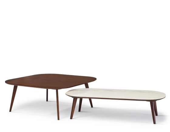 Duo de tables basses F2 et F6 plateau bois et céramique bois teinte marron foncé et céramique effet marbre blanc M1