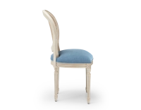 Louis XVI style antique chair wood with white cerused finish, caned backrest, and blue denim seat. Louis XVI style antique chair wood with white cerused finish, caned backrest, and blue denim seat.
