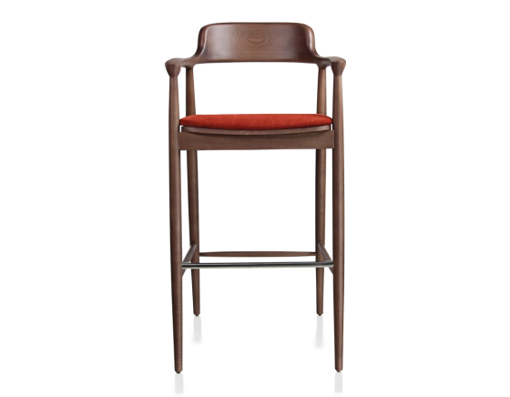 Tabouret de bar h80 cm bois teinte noyer assise tissu orange brulé