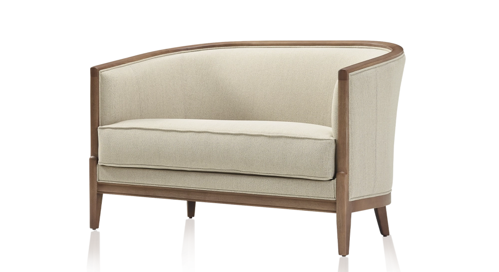 Canapé ancien 2 places bois teinte noyer et tissu beige naturel Canapé ancien 2 places bois teinte noyer et tissu beige naturel