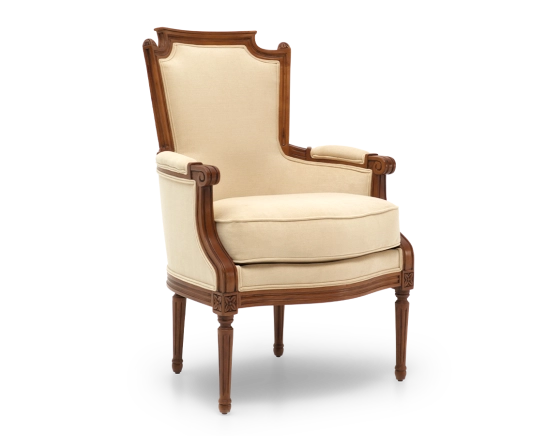Louis XVI style bergère armchair wood antique stain and cream fabric