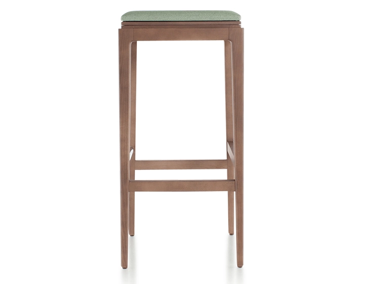 H80 cm designer bar stool walnut-stained wood, sage green fabric seat H80 cm designer bar stool walnut-stained wood, sage green fabric seat